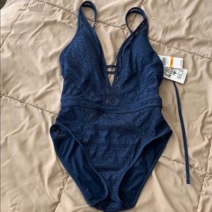 Becca crochet lace one piece navy swimsuit sz S